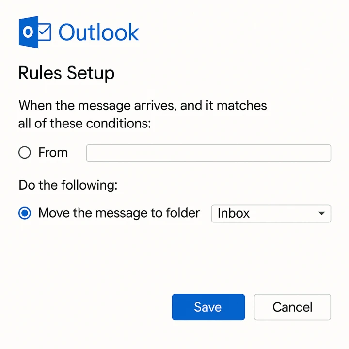 Outlook 메일 규칙 설정 인터페이스