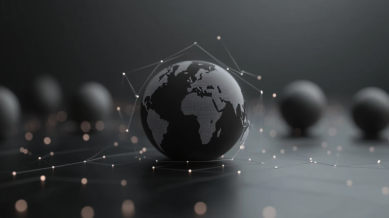 전 세계에 걸친 분산 투자 포트폴리오의 정교한 시각화가 디지털 및 몰입 감각, 생생한 색상과 역동적인 라인을 통해 글로벌 연결성 및 전략적 통찰력을 전함