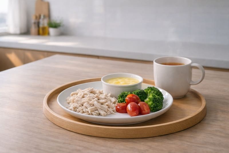 부드러운 조리 방식으로 준비한 중년 단백질 식단 재료 구성