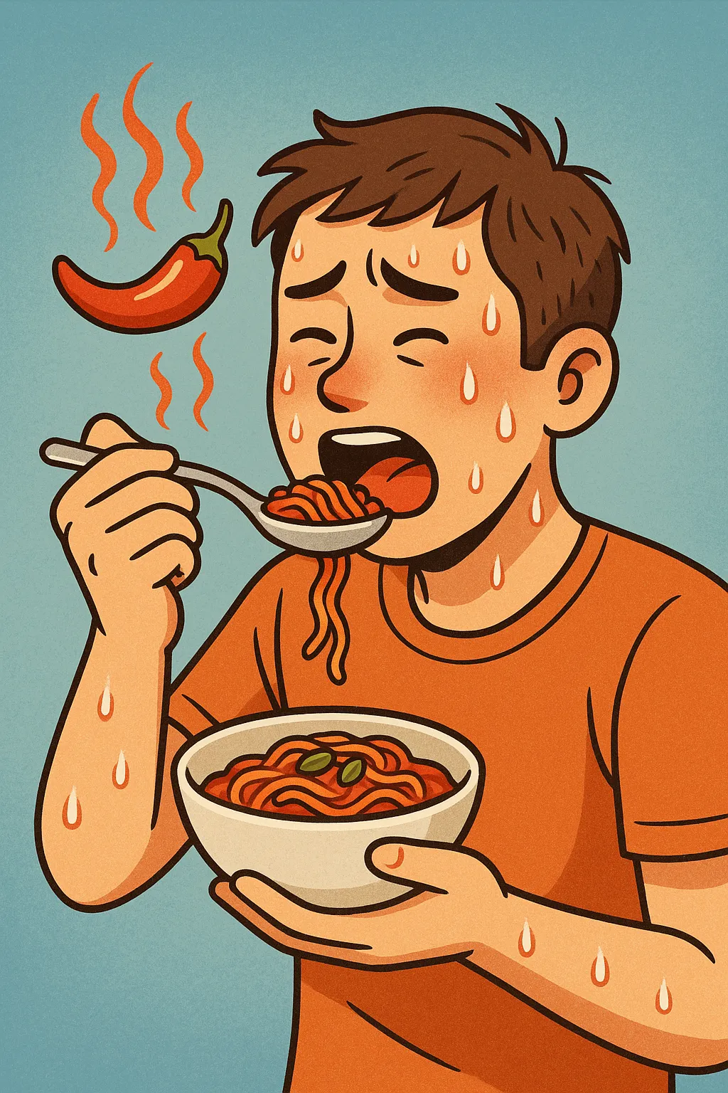 매운-라면을-먹으며-땀을-흘리는-남성의-모습을-통해,-캡사이신이-체온과-혈류를-증가시켜-땀을-유발하는-생리학적-반응을-시각적으로-표현한-일러스트