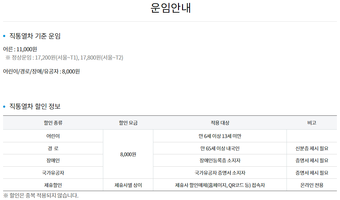 인천국제공항 / 서울역 공항철도(직통열차) 운임안내