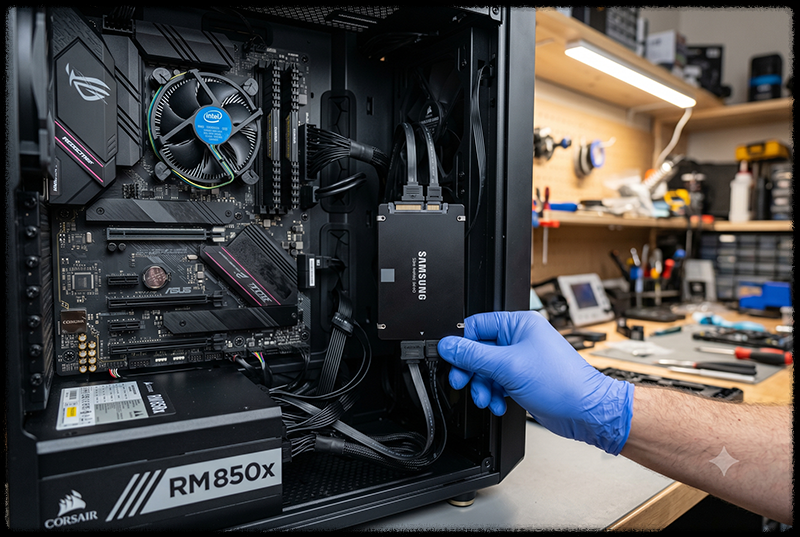 SATA SSD의 전원 케이블과 데이터 케이블을 확인하는 모습