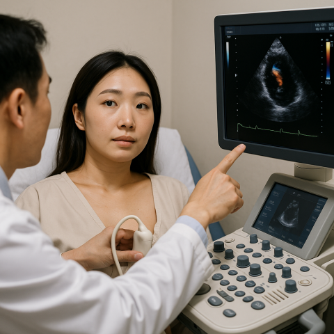 심장 초음파 검사를 받는 한국인 여성 환자