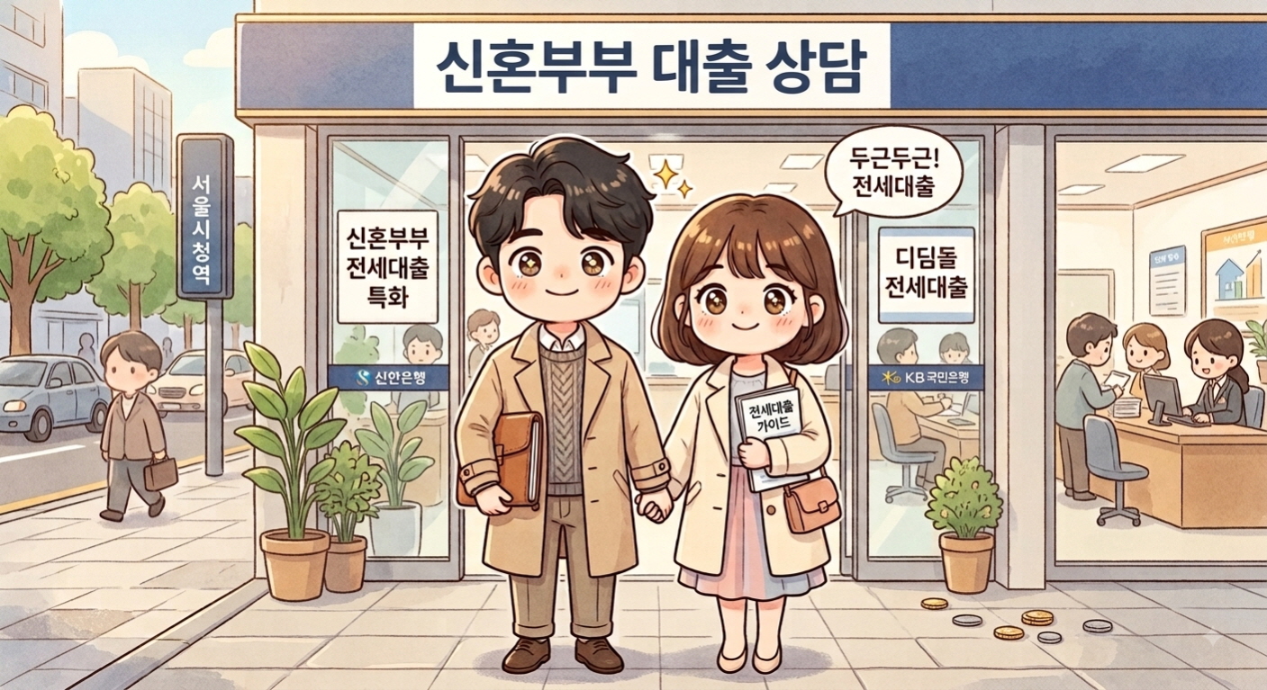 전세자금대출 종류, 주택 종류를 알고자 은행에 방문하는 신혼부부를 표현한 이미지