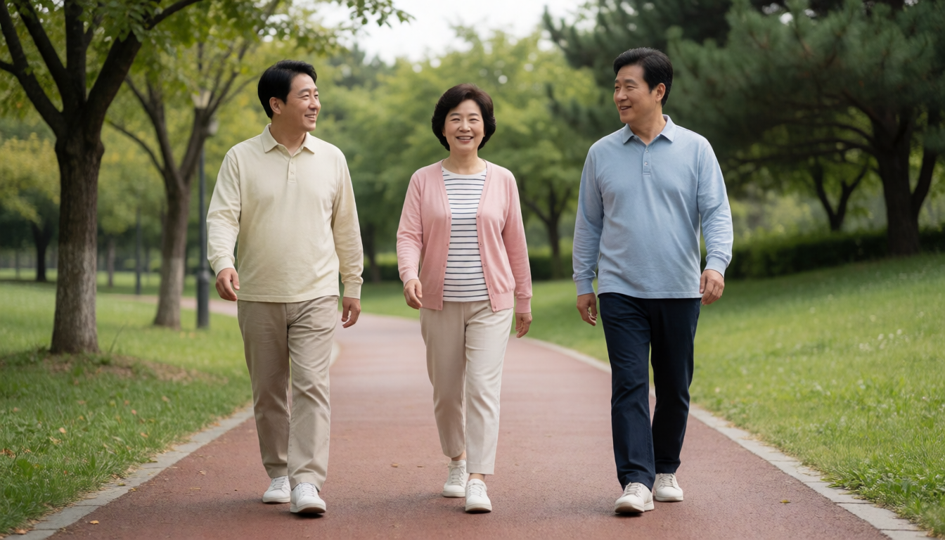 공원 평지 산책로에서 편안한 속도로 함께 걸으며 대화하는 성인 세 명