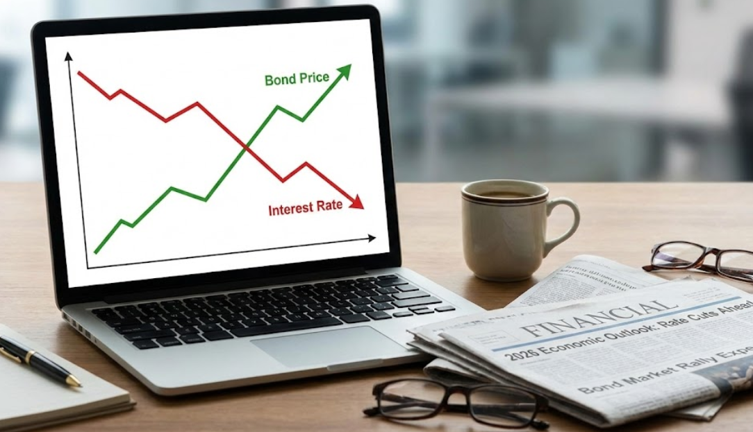 2026년 금리 인하 전망과 채권 가격 상승의 상관관계를 보여주는 금융 차트와 경제 신문