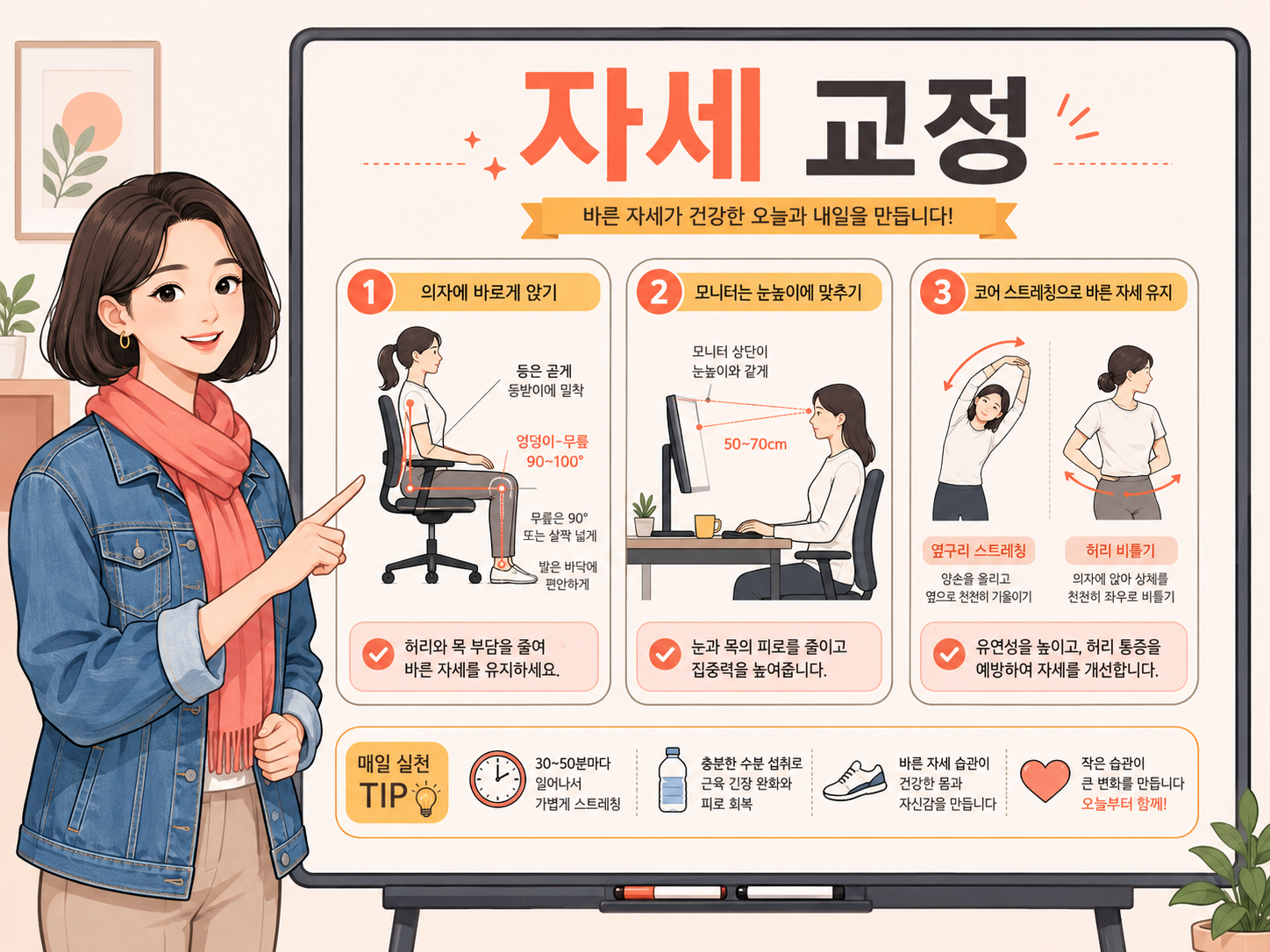 올바른 의자 앉기 자세와 일상 속 척추 정렬을 유지하는 코어 스트레칭 동작 가이드 인포그래픽
