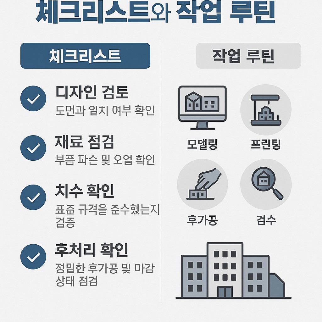 3D 프린터 건축 모형 납품 전 체크리스트와 작업 루틴 인포그래픽