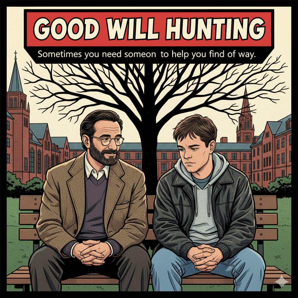 교수, 학생, 나무, 의자, 공원, 건물