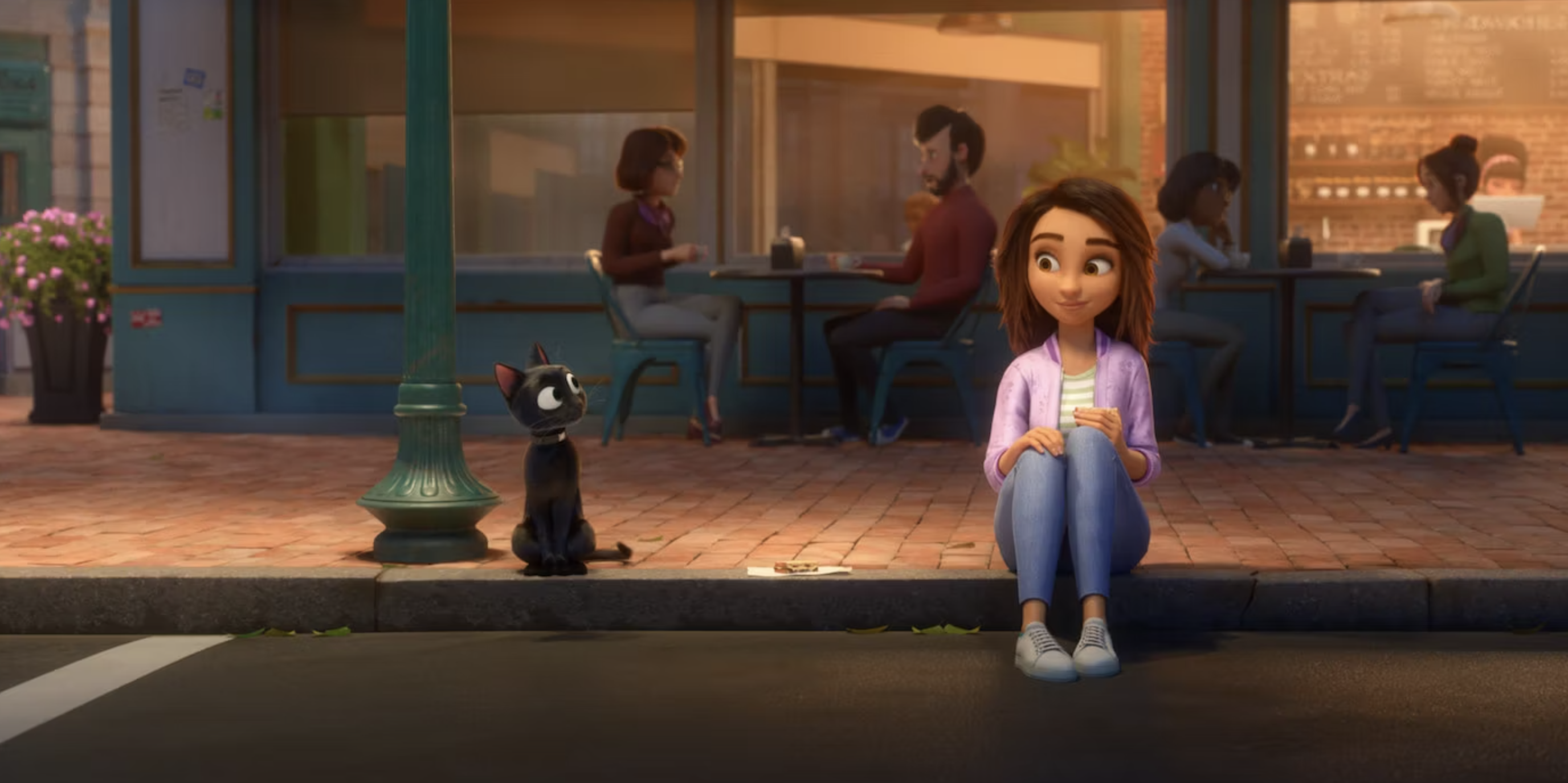 luck-애니메이션-이미지이다.-길가에-앉아있는-샘이-옆에-앉아-있는-고향이를-웃으며-쳐다보고-있다.-고양이도-샘을-쳐다본다.