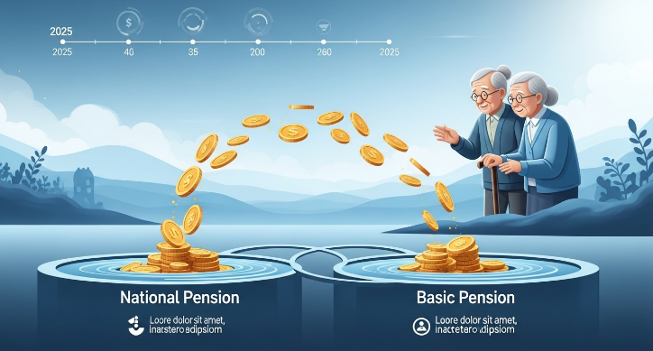 2025년 국민연금과 기초연금을 합산하여 안정적인 노후 소득 흐름을 설계하는 지혜로운 노부부의 모습