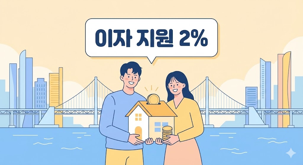부산 광안대교 배경의 신혼부부와 주택 자금 이자 지원을 상징하는 돼지저금통 일러스트
