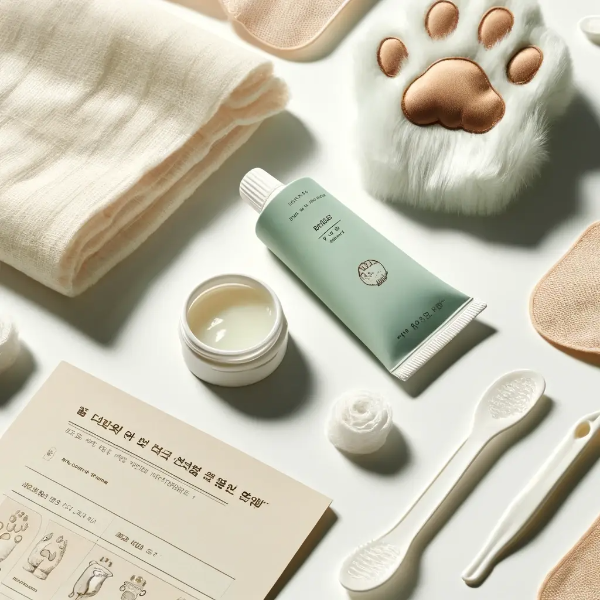 하얀 배경 위에 반려견 발바닥 케어를 위한 크림, 거즈, 보습 장갑, 케어 가이드가 정돈된 스튜디오컷 이미지 (텍스트 없음)