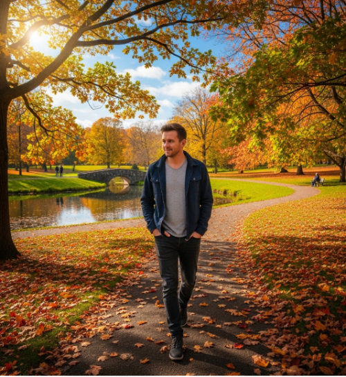 40대 스트레스 관리 공원을 산책하는 남자