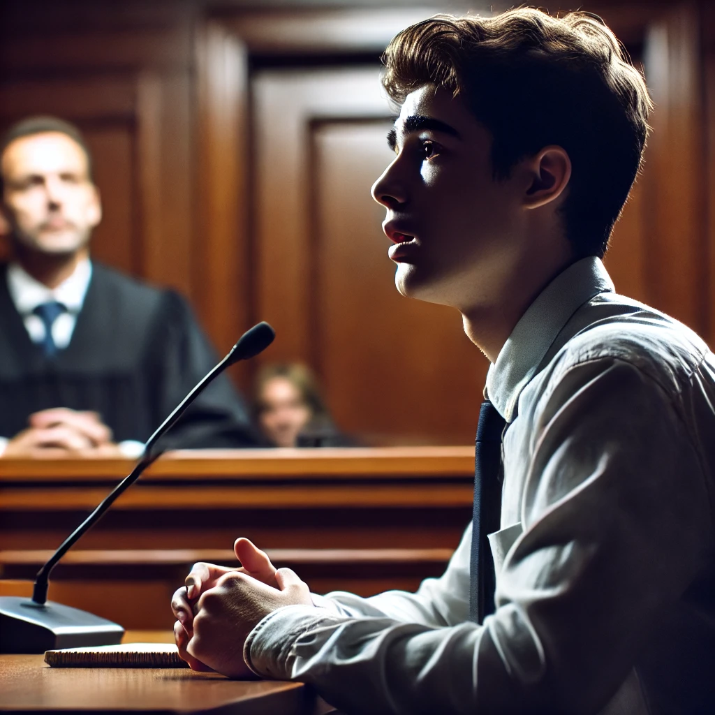 법정에서의 증언: 증인석에 앉아 떨리는 목소리로 증언하는 사람. 진실을 밝히려는 의지와 두려움이 공존하는 표정.