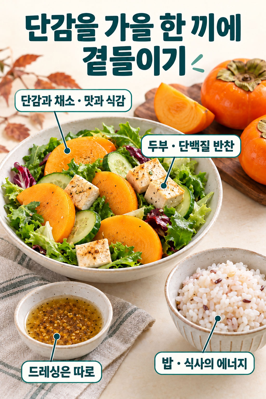 단감&middot;잎채소&middot;오이&middot;두부 샐러드에 밥과 별도 드레싱을 곁들인 가을 한 끼.