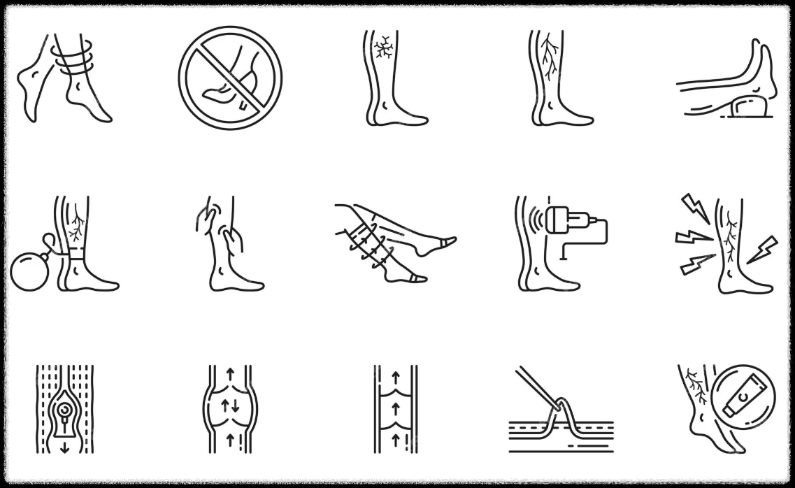 하지정맥류 예방 생활수칙 아이콘 – 다리 꼬지 않기, 높이기, 저염식, 운동, 압박스타킹