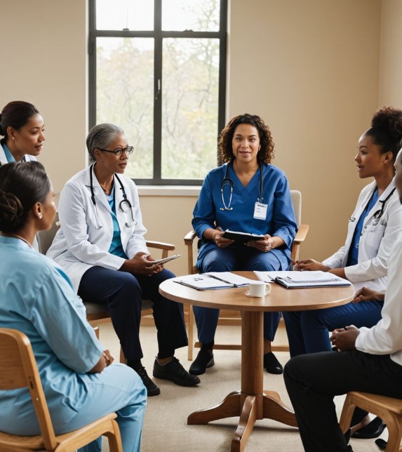 다학제 회의 중인 의료진들과 원탁에 둘러앉아 의견을 나누고 있는 모습]