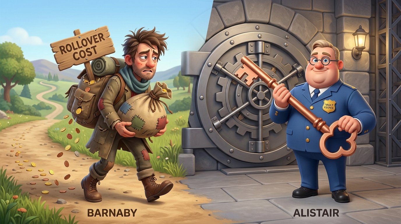 '선물 교체 비용'이라는 구멍 난 가방을 든 여행자(KODEX)와, 구리 창고 열쇠를 든 든든한 금고지기(TIGER)를 대비시킨 3D 캐릭터 일러스트