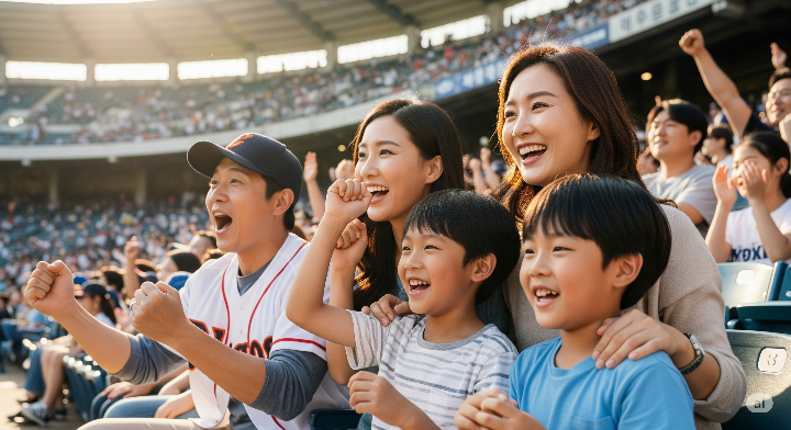 야구 경기장에서 즐겁게 관람하는 가족들