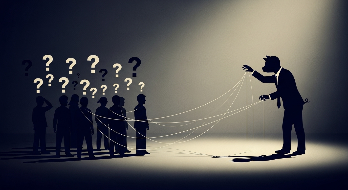 대중의 무지와 무관심을 조종하는 선동가의 모습을 추상적으로 표현한 그림.