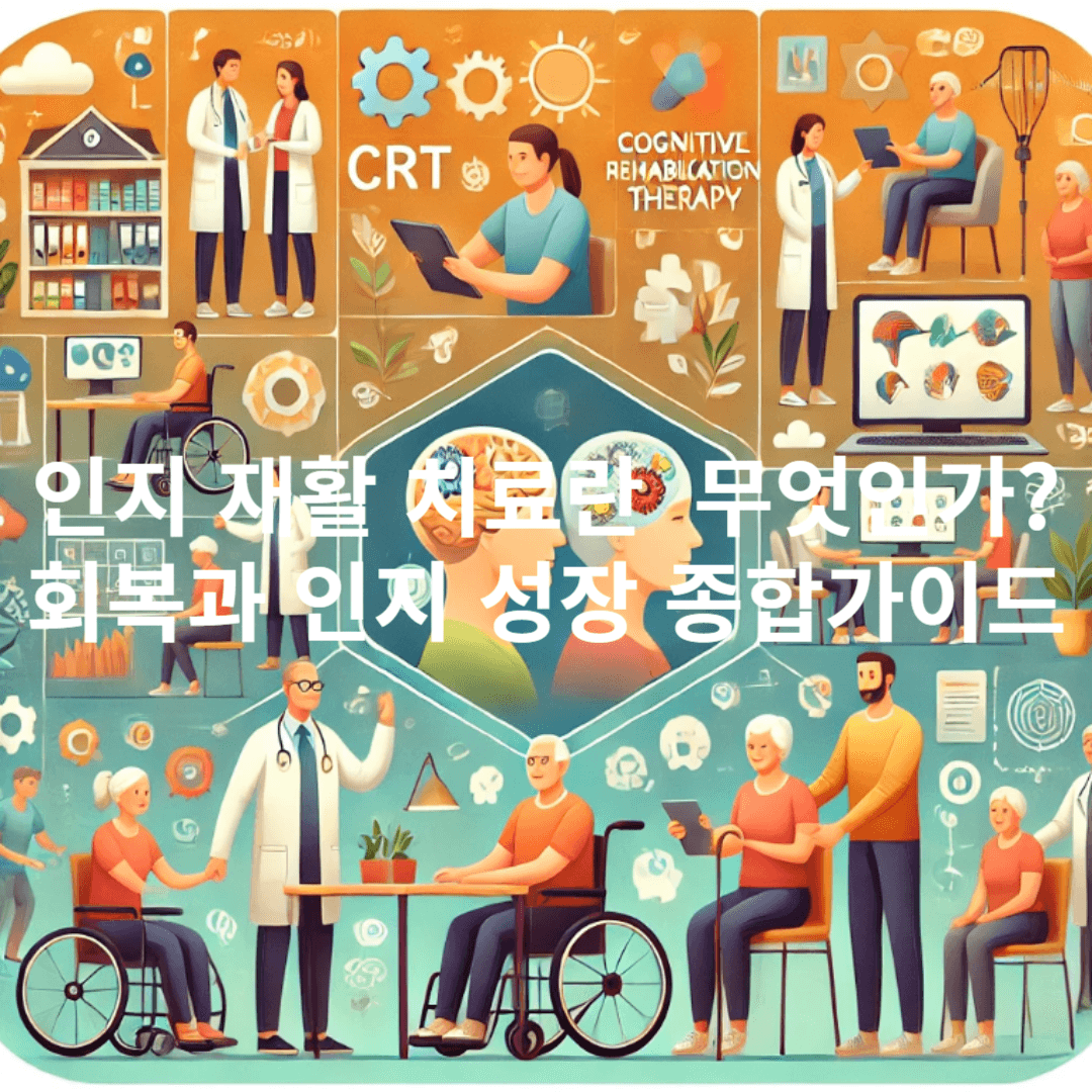 운동 , 치료 세션 , 디지털 도구 및 가족 지원과 같은 다양한 측면을 강조하는 인지 재활 치료 (CRT) 를 나타내는 포괄적인 그림