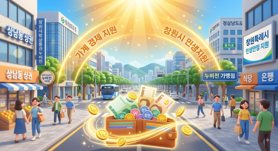 창원 도심 거리 풍경과 함께 가계 경제 지원을 상징하는 밝은 햇살과 지갑 일러스트, 3D 렌더링 스타일
