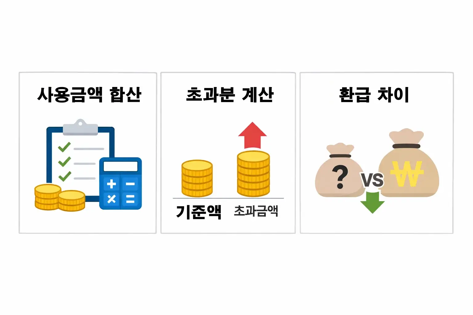 자녀 체크카드 소득공제 기준을 실제 계산 사례로 적용해 사용금액 합산과 초과분 계산에 따라 연말정산 환급액이 어떻게 달라지는지 보여주는 비교 이미지입니다