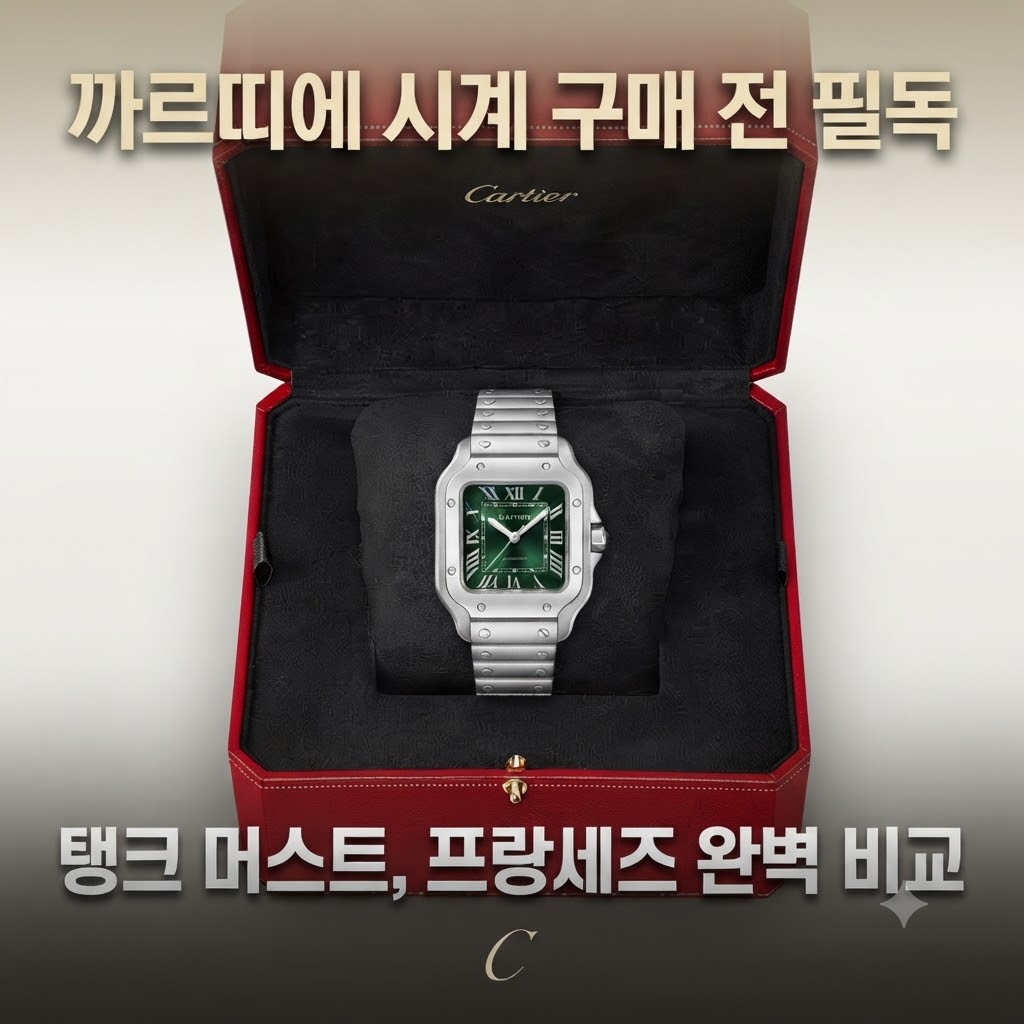 고급스러운 붉은색 까르띠에 시계 케이스가 열려 있고, 그 안에 녹색 다이얼과 은색 스틸 브레이슬릿이 적용된 까르띠에 산토스 시계가 검은색 벨벳 쿠션에 놓여 있습니다.

상단에는 '까르띠에 시계 구매 전 필독', 하단에는 '탱크 머스트, 프랑세즈 완벽 비교'라는 문구가 크고 굵은 한글 폰트로 적혀 있습니다. 전체적인 색감은 붉은색과 녹색, 검은색, 은색의 대비가 돋보이며, 상단에는 금색의 'Cartier' 로고가, 하단에는 금색의 'C' 이니셜이 있습니다.