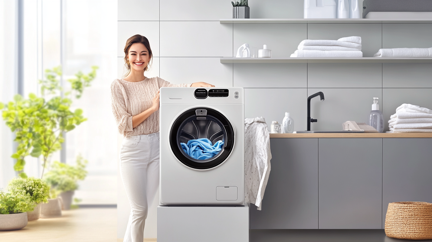 삼성 워시타워의 스마트 기능이 작동하는 장면, 세탁물에 맞춘 자동설정 기능 후 만족스럽게 미소 짓는 사용자 모습, 효율적인 기능 강조