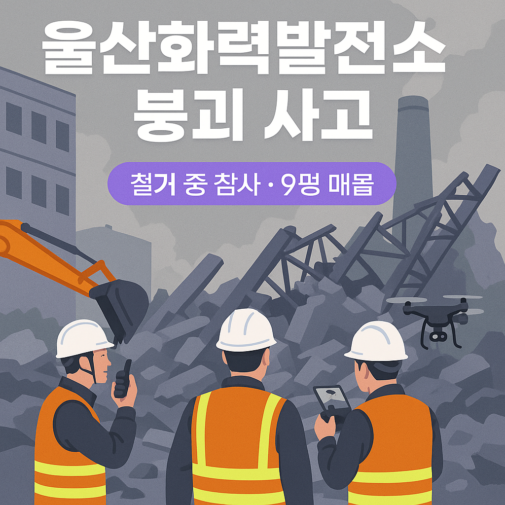 울산화력발전소 붕괴 현장에서 구조대가 잔해를 수색하고 굴착기가 철골을 치우는 장면, 차분한 뉴스 일러스트