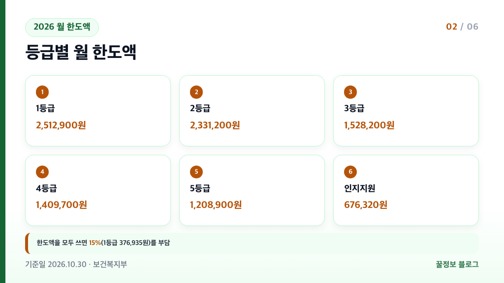 장기요양등급별 재가급여 2026년 월 한도액 1등급 2,512,900원 인지지원등급 676,320원 카드