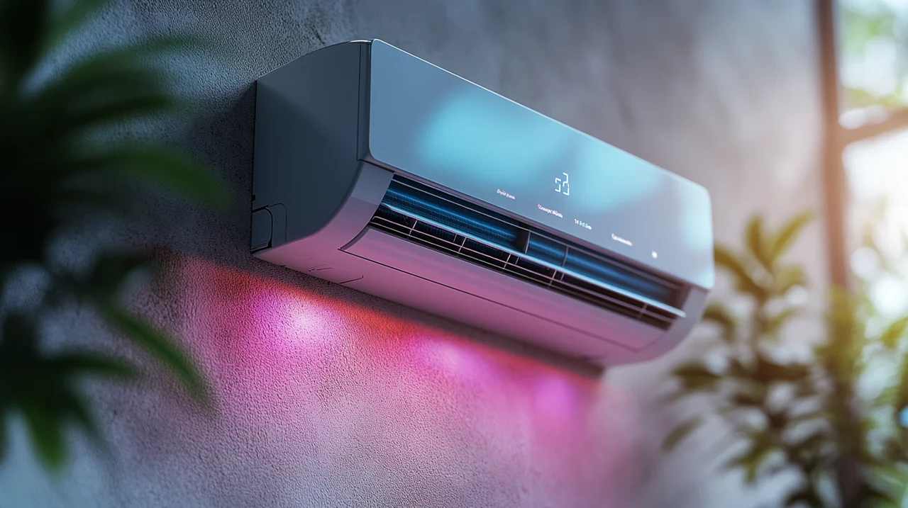 에어컨의 에너지 효율 등급을 비교하는 그래프, 낮에 절감되는 비용과 지속 가능성을 강조한다. 건축적 요소와 파스텔 색조가 조화를 이루다.