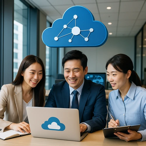 클라우드 그룹웨어를 활용해 노트북으로 협업 중인 한국인 직장인 3명이 회의실에서 미소를 지으며 일하는 모습