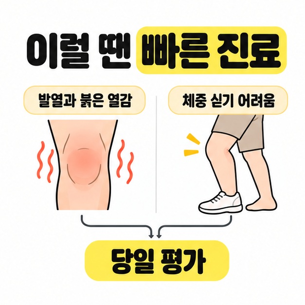 발열과 붉은 열감이 있는 무릎, 체중을 싣기 어려운 상황을 당일 평가로 연결한 진료 안내