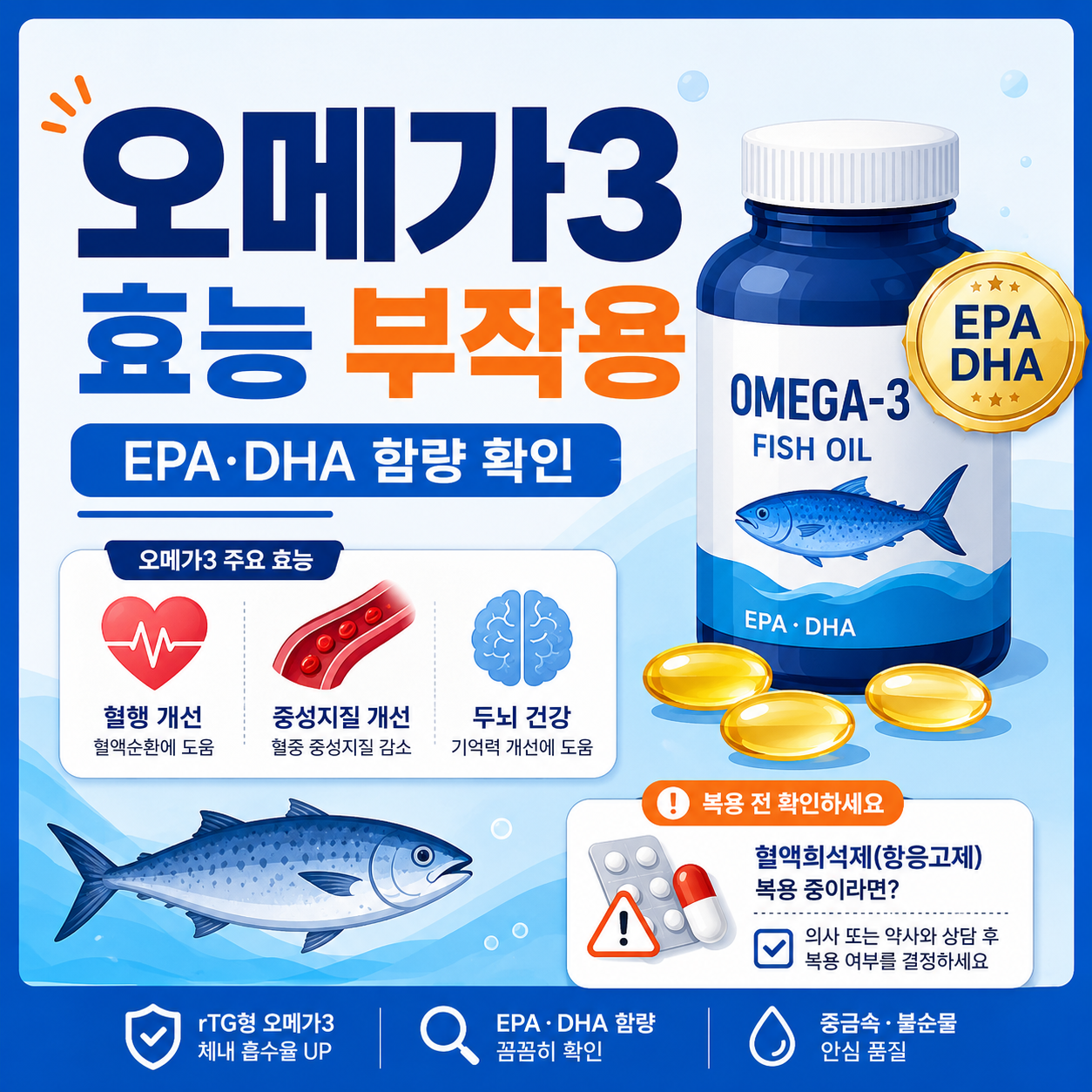 오메가3 제품의 총 어유 중량과 EPA&middot;DHA 합계, 비린내와 위장 불편, 항응고제, 수술 일정, 보관 상태를 확인하는 카드형 이미지