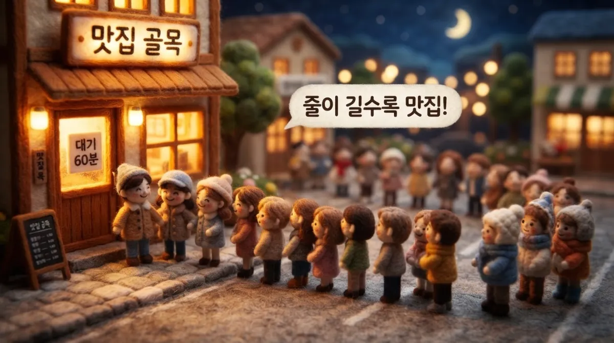 긴 대기열이 곧 품질 보증이라는 사회적 증거 심리를 보여주는 펠트 인형 일러스트