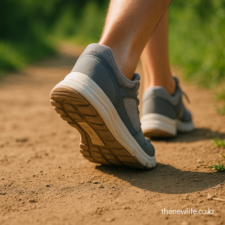 운동화 착용한 발이 흙길을 걷고 있는 모습의 클로즈업 사진-A close-up of a walking foot in athletic shoes on a dirt path