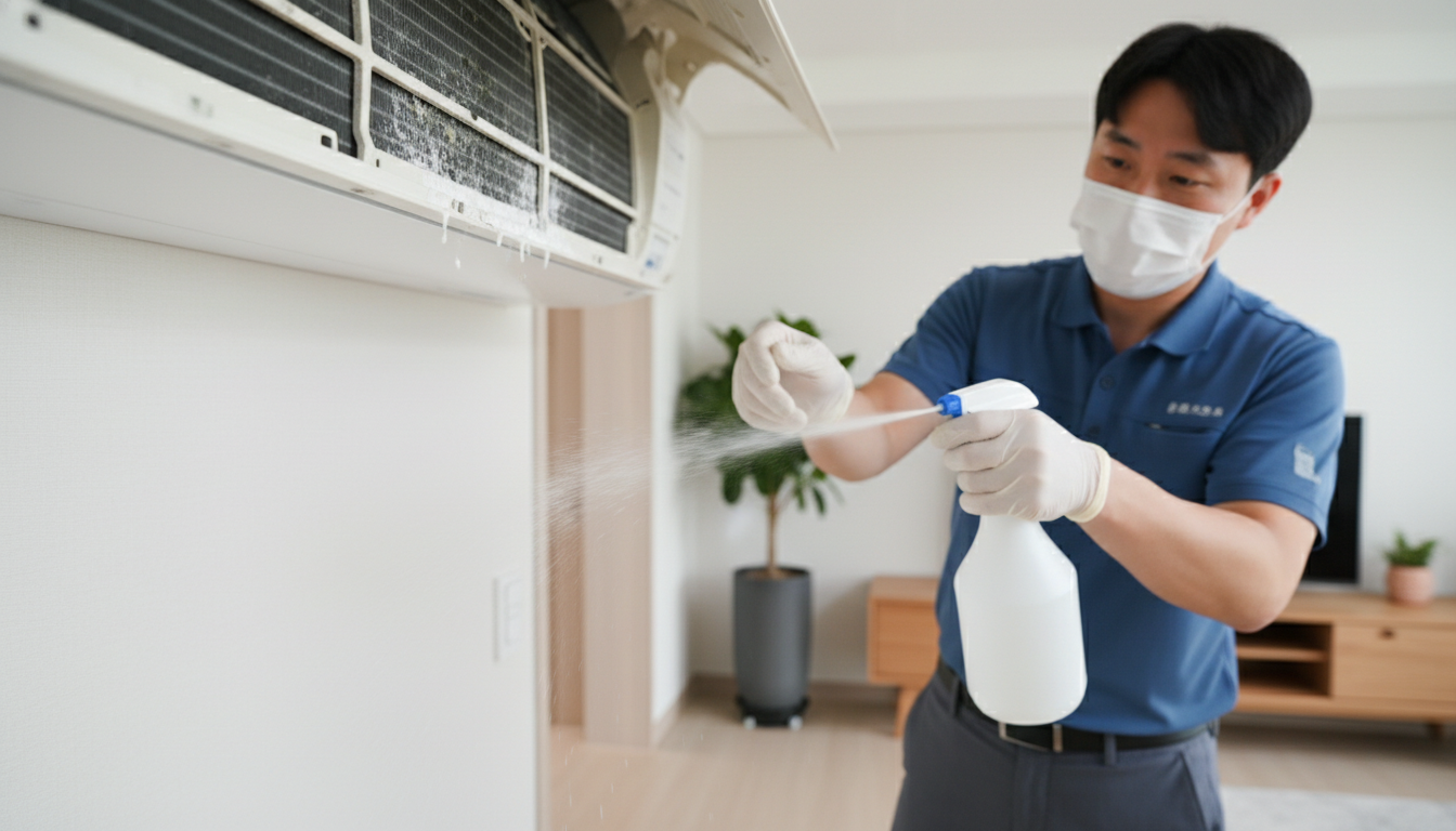 한국 남성이 마스크와 장갑을 착용하고 에어컨 냉각핀에 전용 클리너를 분사하여 곰팡이를 제거하는 모습.