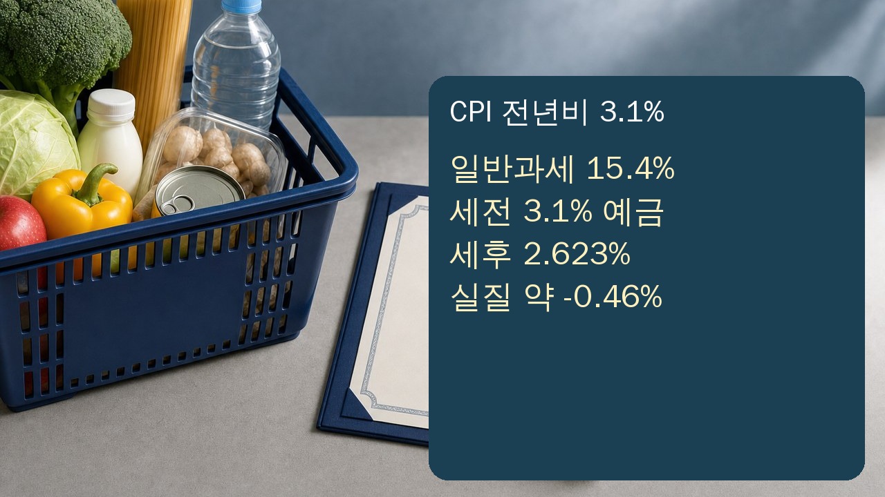 2026년 8월 소비자물가 3.1%와 세전 예금 3.1%의 세후 실질금리를 비교한 장면