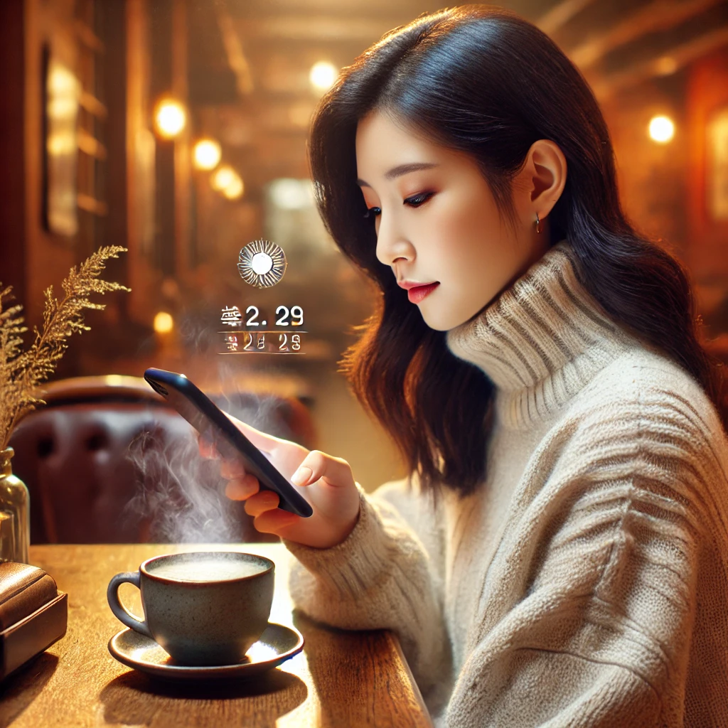 여성이 아늑한 카페에서 스마트폰으로 새해 운세를 확인하고 있는 모습. 테이블 위에는 따뜻한 커피잔이 놓여 있고 편안하고 평화로운 분위기가 강조됨.