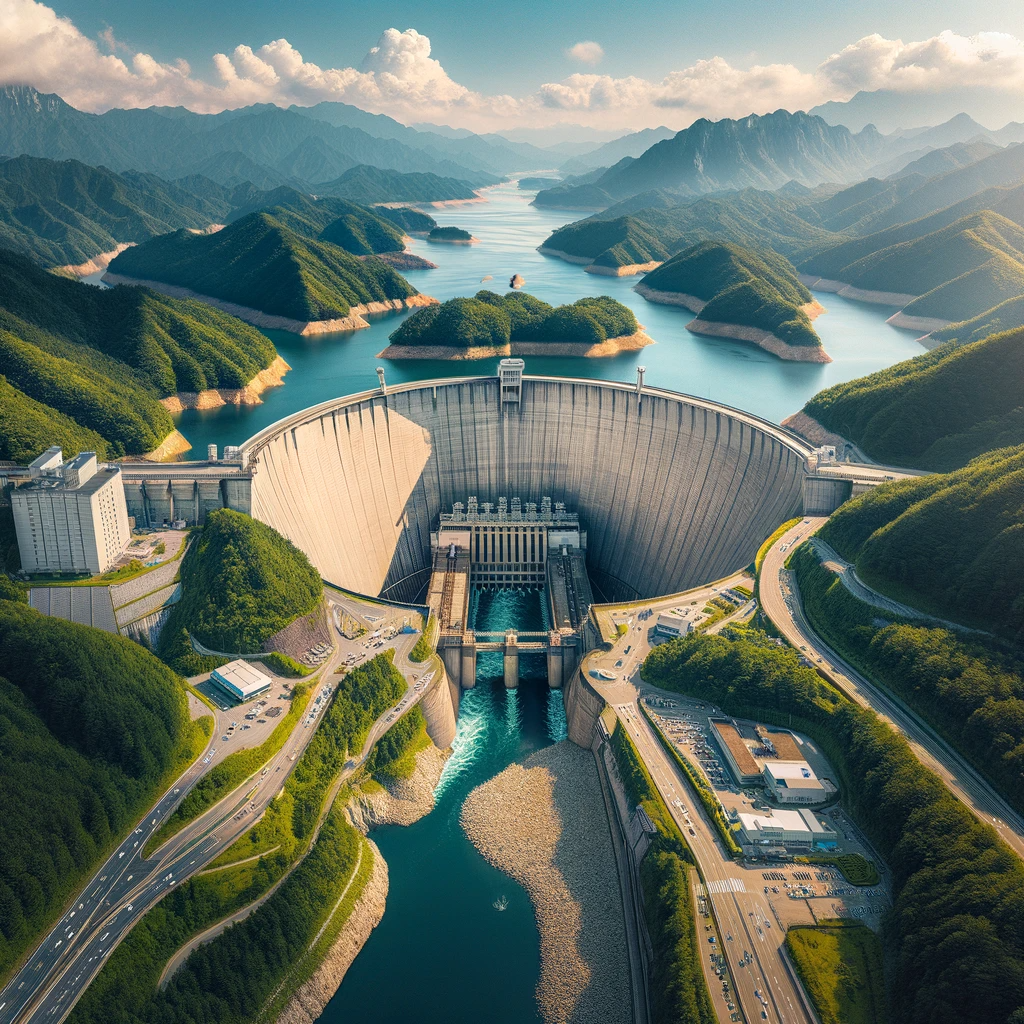 강원도 소양강댐의 항공 뷰. 댐의 거대한 콘크리트 구조물이 보이며, 소양강이 그 아래로 흐르고 있습니다. 댐 주변에는 푸른 숲과 산이 둘러싸여 있으며 맑은 하늘이 펼쳐져 있습니다.