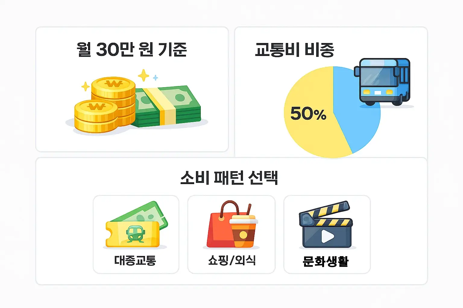 카카오뱅크 프렌즈 체크카드를 월 30만 원 사용 기준으로 교통비 비중과 소비 패턴에 따라 어떤 카드가 유리한지 분석한 선택 가이드 이미지입니다