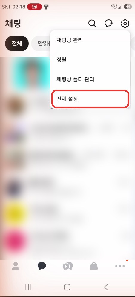 카카오톡 톱니바퀴 메뉴의 전체 설정