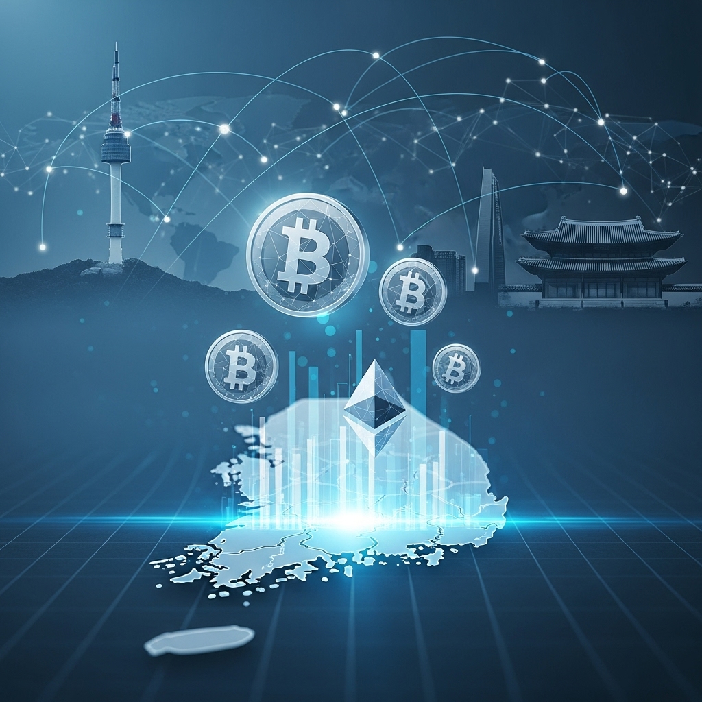디지털자산 강국으로 도약하려는 한국의 비전을 담은 이미지, 한국 지도 위로 솟아오르는 가상자산 아이콘과 글로벌 블록체인 네트워크가 어우러진 미래지향적인 모습