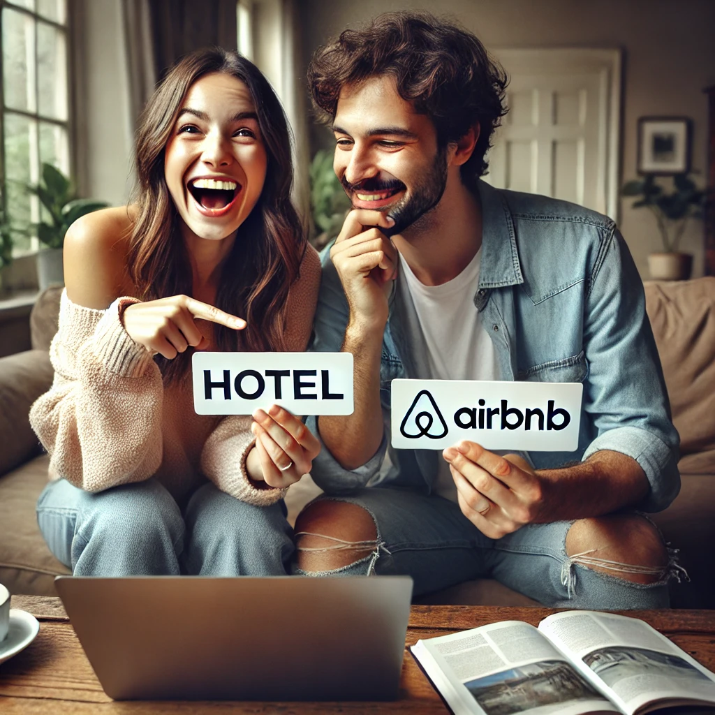 호텔과 에어비앤비중에서 선택하는 이미지 장면, 다정하게 신혼부부가