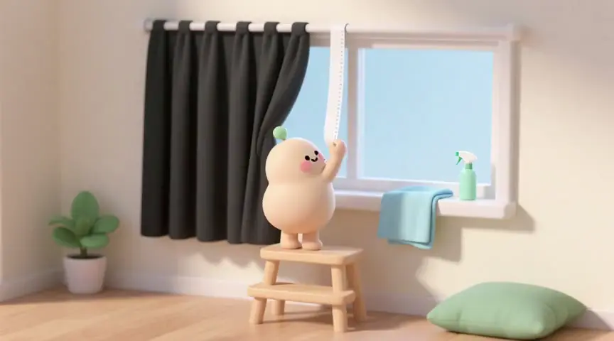 창틀 옆에서 커튼 자리를 맞춰 보는 움직이는 장면