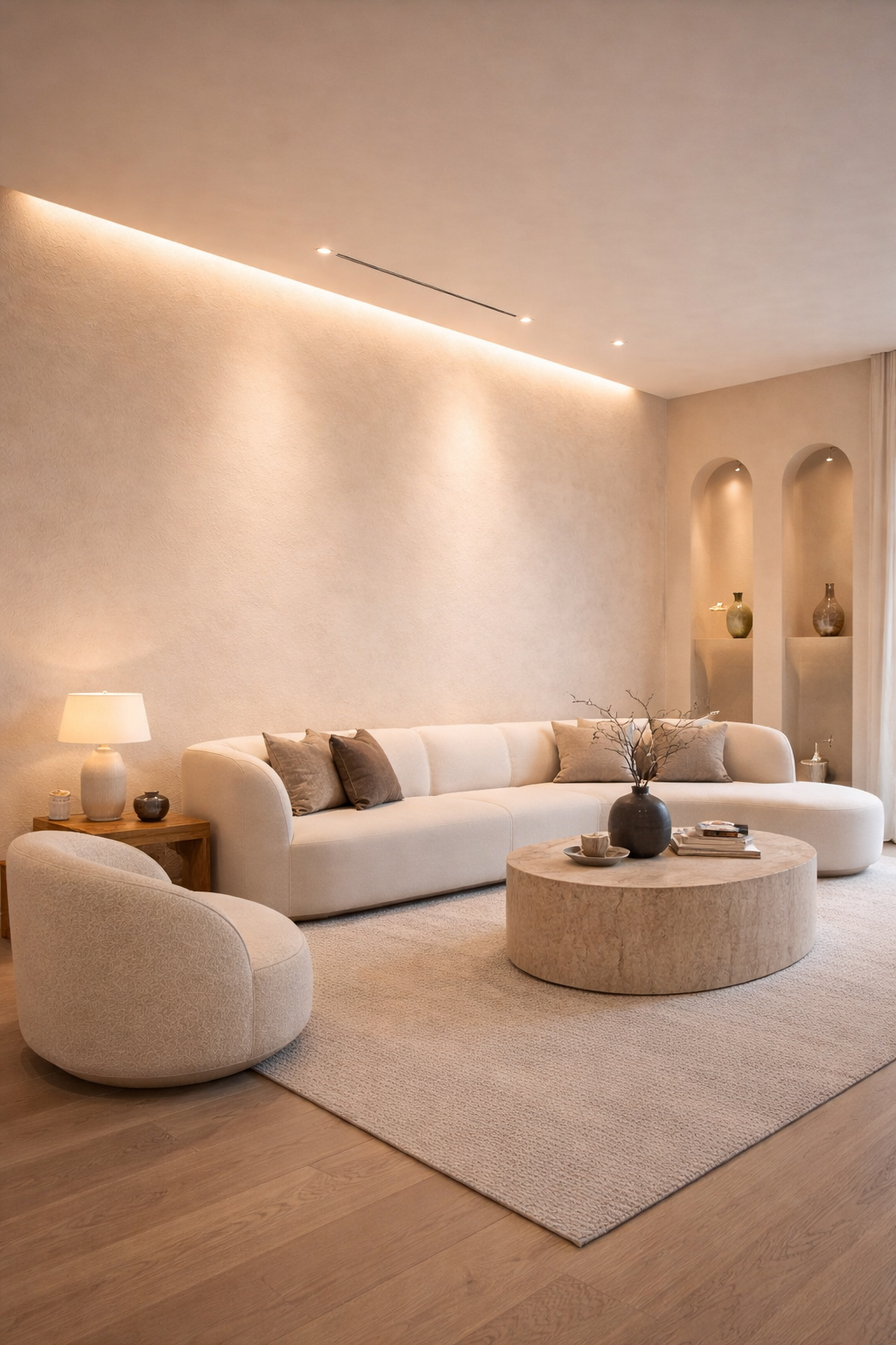 빛을 벽면으로 향하게 하는 월 워싱 기법을 활용한 거실 조명 인테리어 이미지