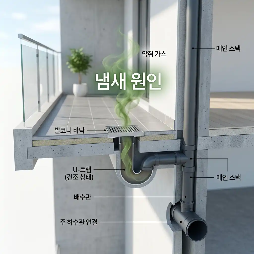 베란다 하수구 봉수 트랩이 말라 악취 가스가 올라오는 원인을 보여주는 3D 단면도