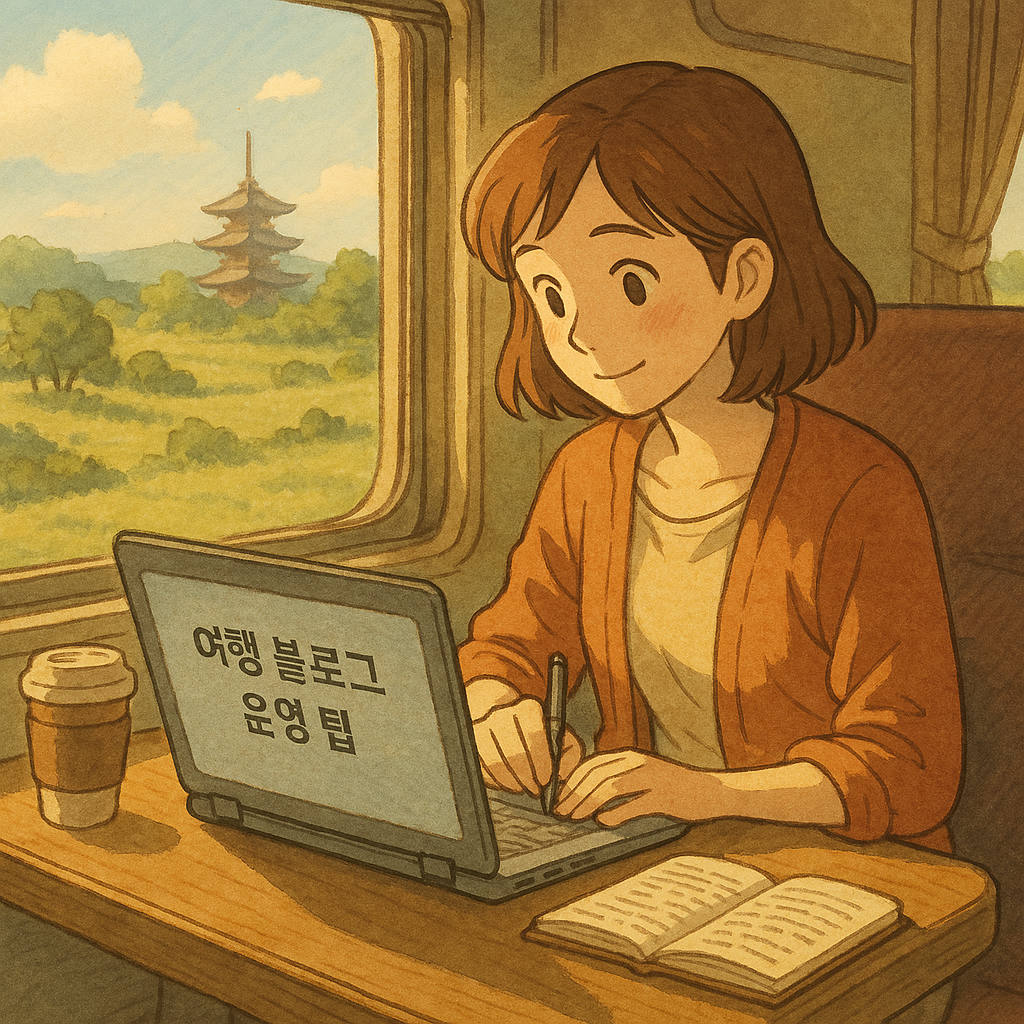 여행중 블로그를 작성하는 모습